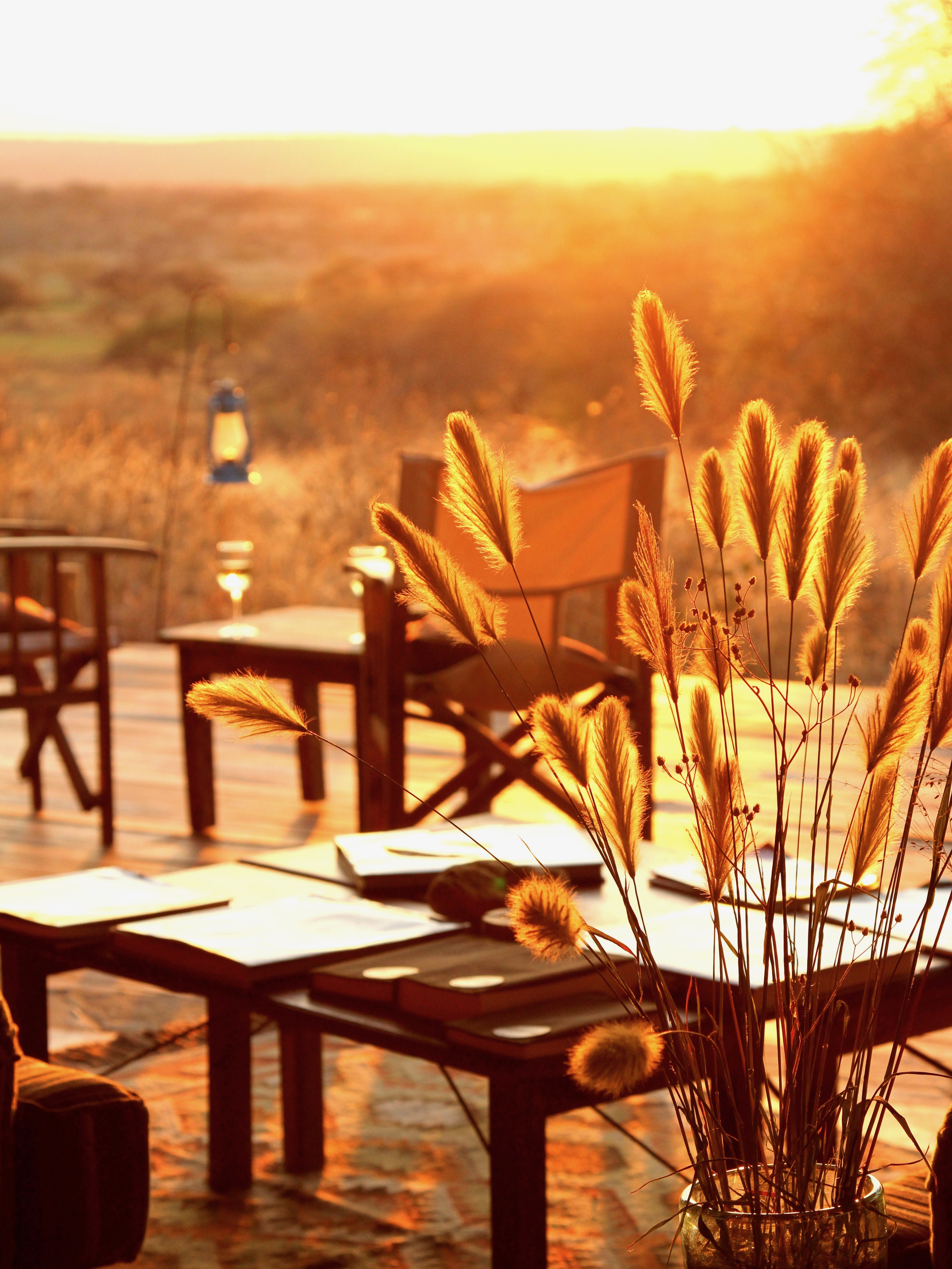 Terrasse bei Sonnenuntergang im Asilia Little-Olivers-Camp