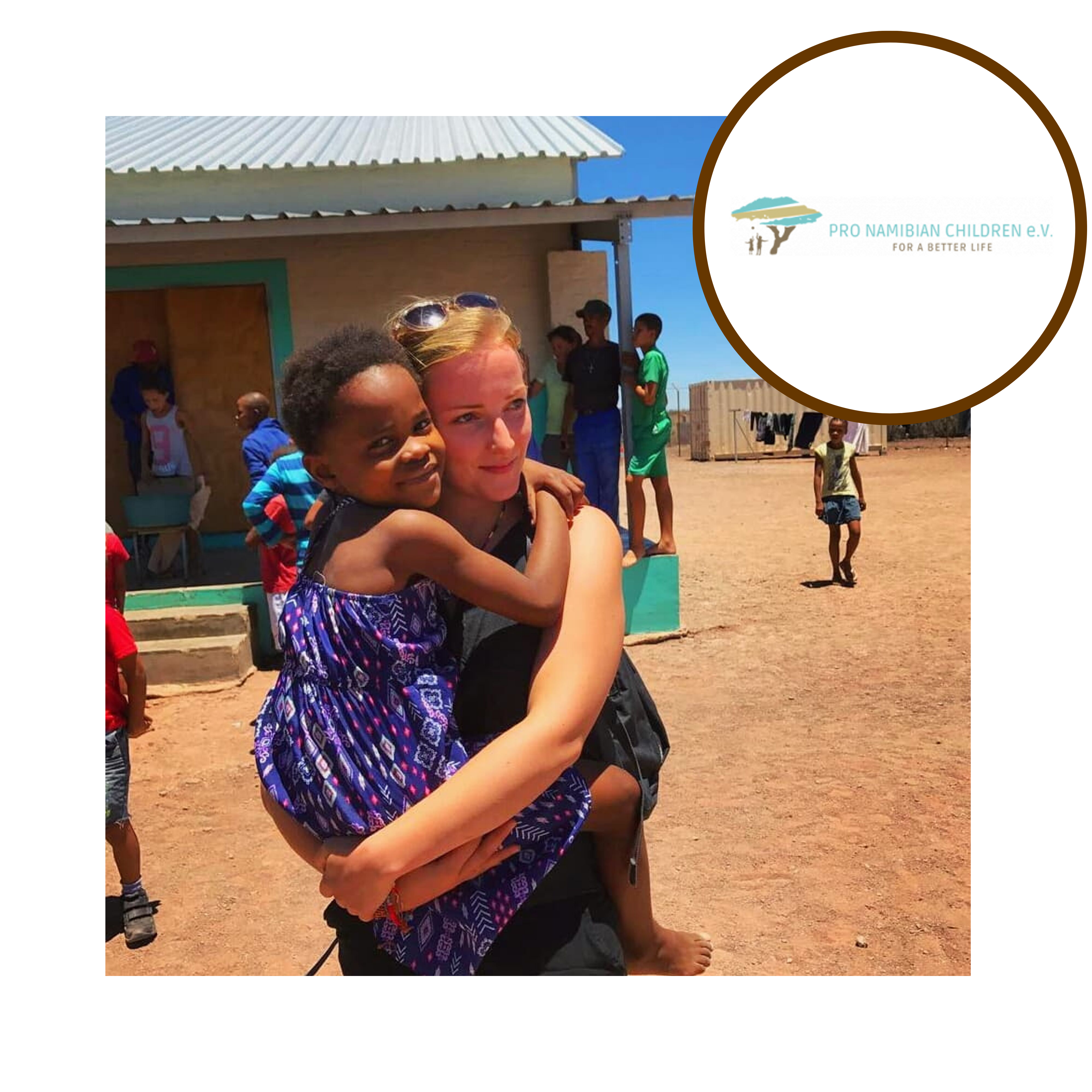 Logo von pro Namibian children und Bild von einer Frau, die ein Kind auf dem Arm hält